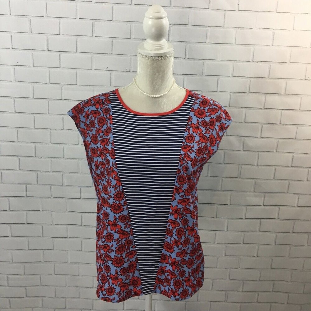 Dalia Stripes and Floral Mixed Print Keyhole‎ Back Hi-Low Blouse Cottagecore S